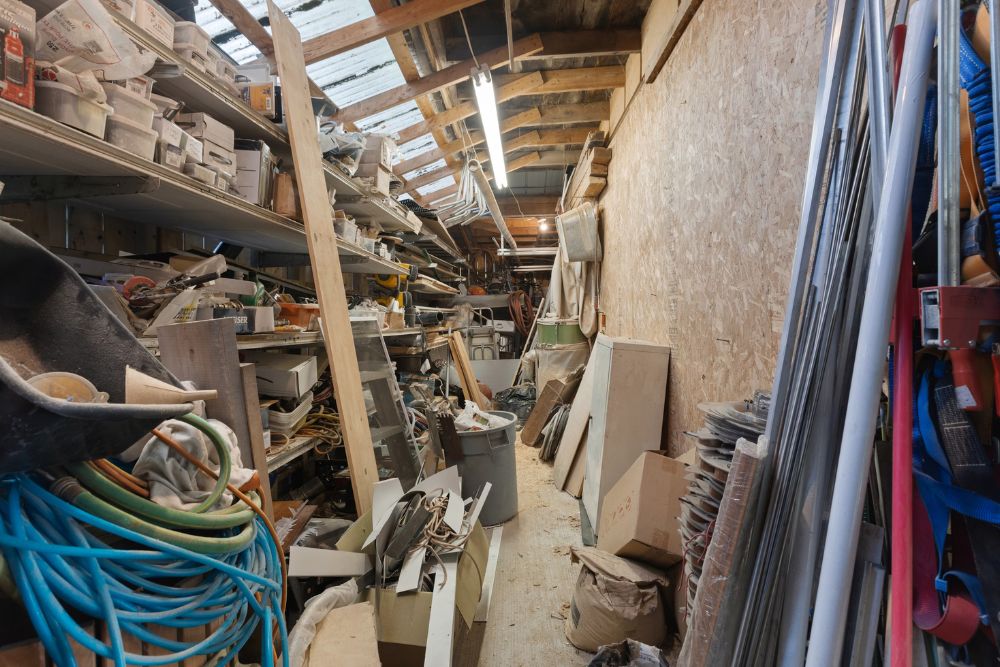 A room packed with tools and miscellaneous items, illustrating the indoor junk removal service in San Antonio, TX.